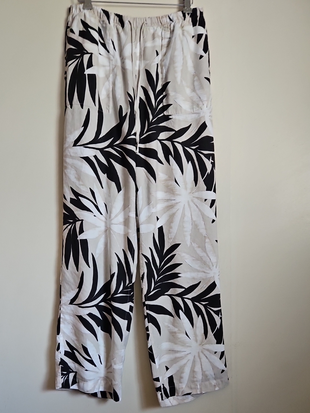 Joie Linen Blend Wide-Leg Palm Leaf Print Trousers Pants Beige And Black Medium